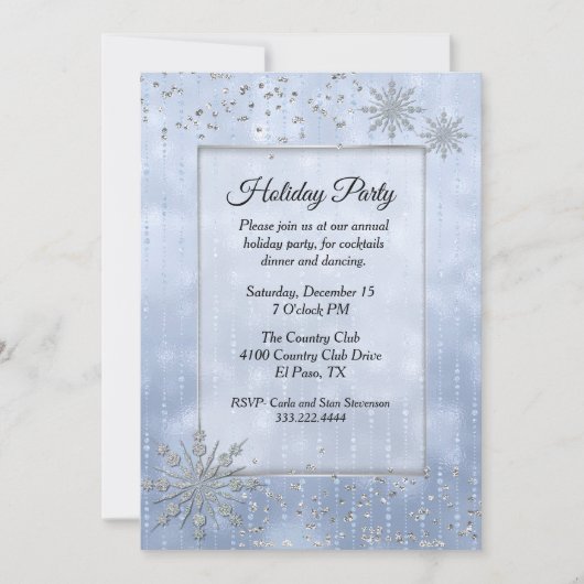 Blauw met Silver Snowflakes Holiday Party Kaart (Voorkant)