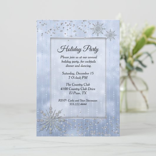 Blauw met Silver Snowflakes Holiday Party Kaart (Staand voorkant)