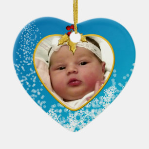 Blauw met sneeuwbaby's eerste kersthart keramisch ornament