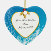 Blauw met sneeuwbaby's eerste kersthart keramisch ornament (Achterkant)