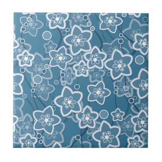 Blauw met wit, blauw, bloemen, bloemig, rustiek, f tegeltje (Voorkant)