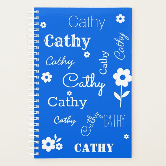Blauw met witte bloemen, aangepaste naamplanner planner (Voorkant)