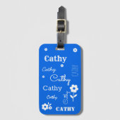 Blauw met witte bloemen, Gepersonaliseerd Bagagela Bagagelabel (Voorkant (verticaal))