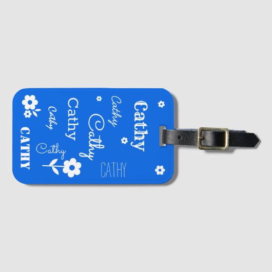 Blauw met witte bloemen, Gepersonaliseerd Bagagela Bagagelabel (Voorkant (horizontaal))