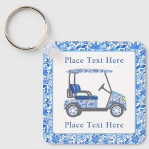 Blauw met witte bloemen golfkar in preppy stijl sleutelhanger