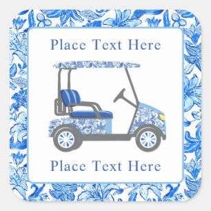 Blauw met witte bloemen golfkar in preppy stijl vierkante sticker