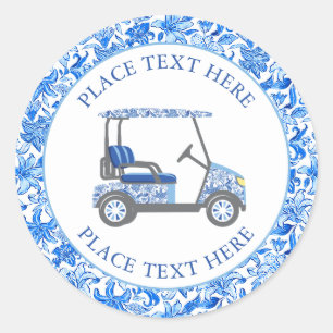 Blauw met witte bloemen golfkarretje voor preppy l ronde sticker