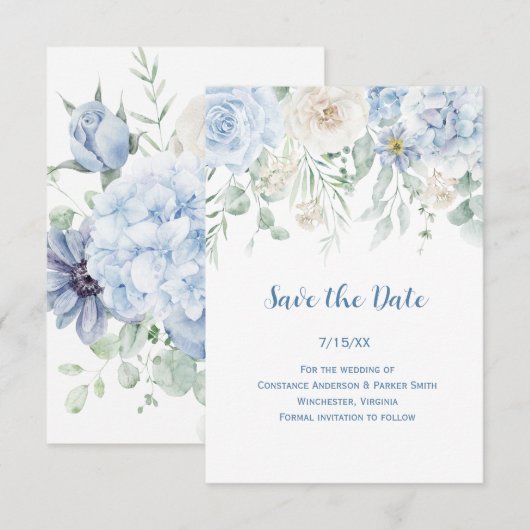 Blauw met witte bloemen save the date (Voorkant / Achterkant)
