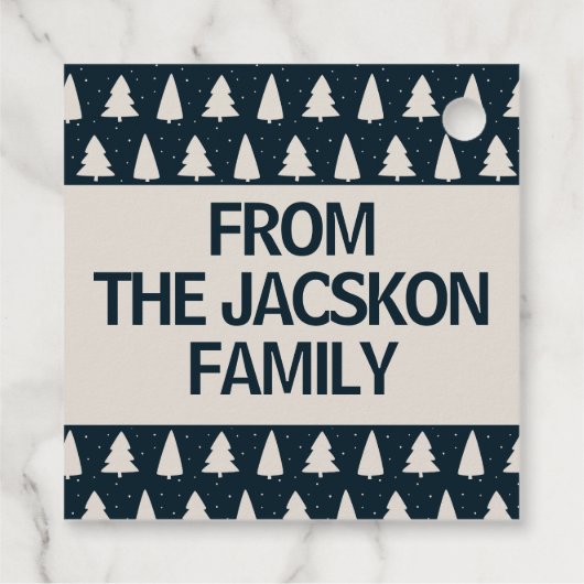 Blauw met witte dennenboom en sneeuwvlokken kerstb bedankjes labels (Achterkant)