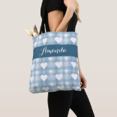 Blauw met Witte Harten Canvas Tote Tas (Dichtbij)