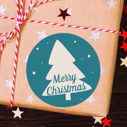 Blauw met witte pijnboom en snowflake kerstboom ronde sticker