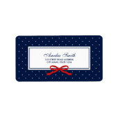 Blauw met witte polka punt en rood lint adres etiket (Voorkant)