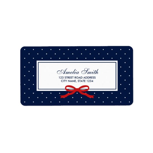 Blauw met witte polka punt en rood lint adres etiket (Voorkant)