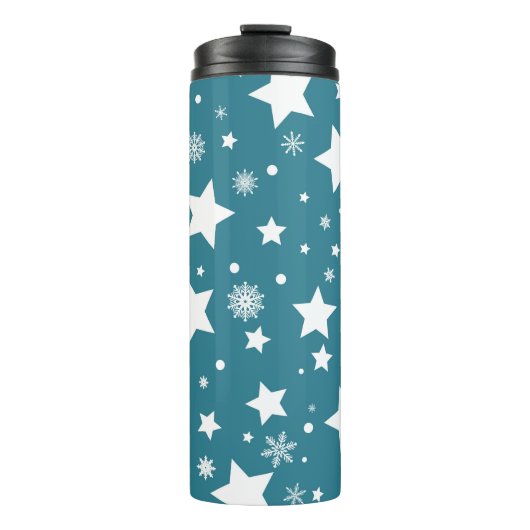 BLAUW MET WITTE STARS EN SNOWFLAKS THERMOSBEKER (Voorkant)