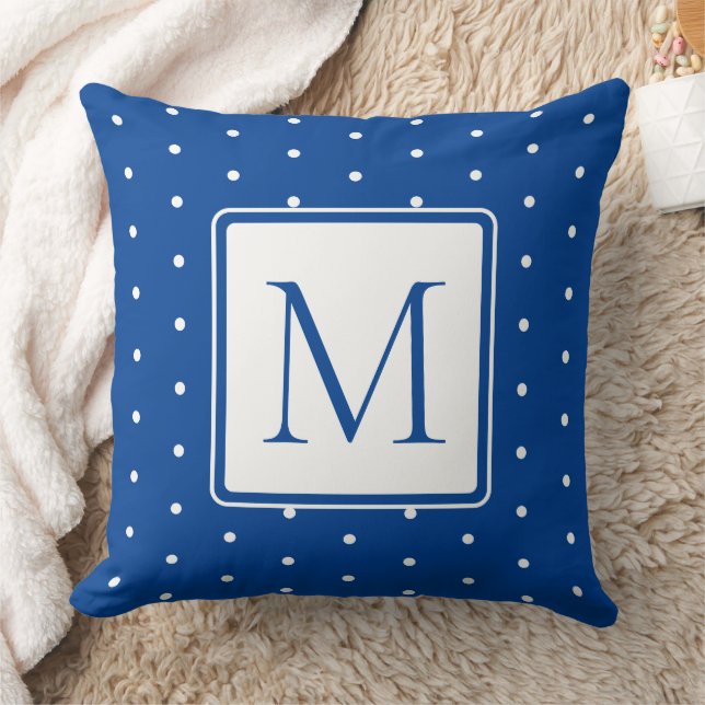 Blauw met Witte Stippen Monogram Kussen (Deken)