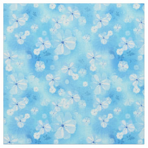 Blauw met witte waterverf bloemen en bladen stof