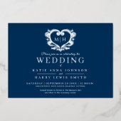 Blauw met zilver hart custom fotoback wedding folie uitnodiging (Voorkant)