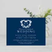 Blauw met zilver hart custom fotoback wedding folie uitnodiging (Staand Voorkant)
