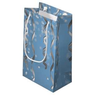 Blauw met zilveren streamers en sterren klein cadeauzakje