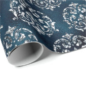 Blauw metaal. Damask Elegant Chic Kerstmis Cadeaupapier (Rol Hoek)
