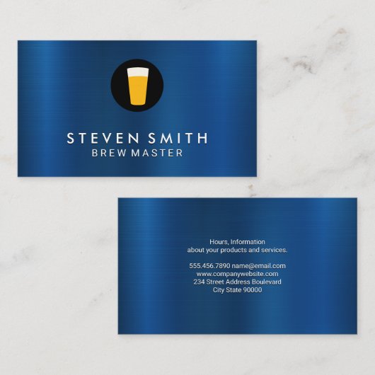 Blauw metalen achtergrond bier icoon visitekaartje (Voorkant / Achterkant)