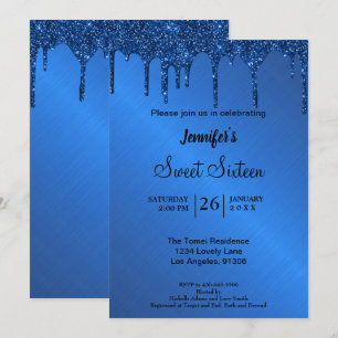 Blauw metalig glinsterende Sweet Sixteen uitnodigi Kaart