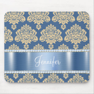 Blauw Metallic Damast Rijnstenen, Persoonlijk Muismat