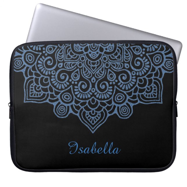 blauw metallic  Intricate Lace Mandala wit Laptop Sleeve (Voorkant)