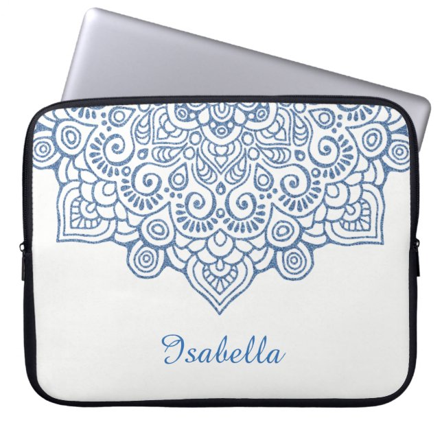 blauw metallic  Intricate Lace Mandala wit Laptop Sleeve (Voorkant)