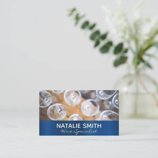 Blauw Metallic Wine Glass Top Uitzicht Visitekaartje (Staand voorkant)