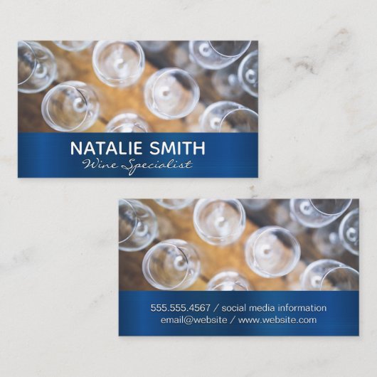 Blauw Metallic Wine Glass Top Uitzicht Visitekaartje (Voorkant / Achterkant)