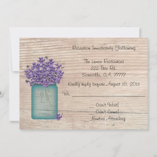 Blauw metselwerkpot viooltjes bruiloftsreceptie RS Kaart (Achterkant)