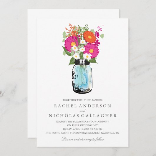 Blauw metson pot en Gerber Madeliefjes Bruiloft Kaart (Voorkant / Achterkant)