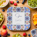 Blauw Mexicaans kleurrijk tegels vrijgezellenfeest Papieren Bordje<br><div class="desc">Blauw kleurrijke Mexicaanse talavera azulejo tegels vrijgezellenfeest bedrukt sjabloon papier borden gepersonaliseerd servies decor,  handschrift casual lettertype</div>