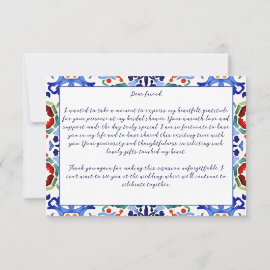 Blauw Mexicaans kleurrijke tegels bruidsdouche Bedankkaart (Achterkant)