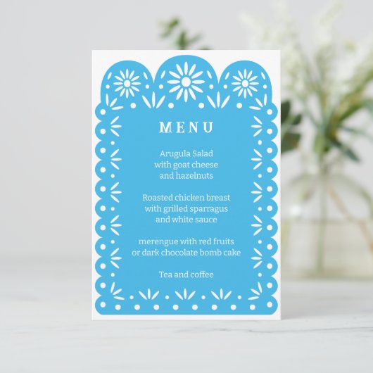 Blauw MEXICAANS PAPEL PICADO menu (Staand voorkant)