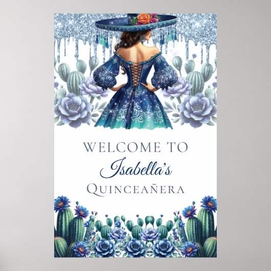 Blauw Mexicaans Stijl Quinceañera Aangepast Welkom Poster (Voorkant)