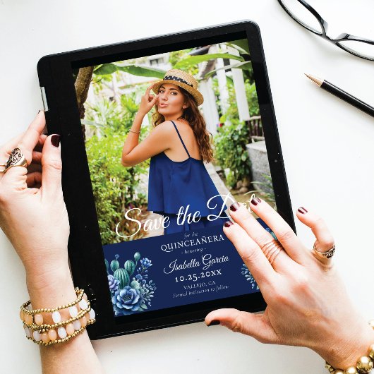 Blauw Mexicaanse Stijl Quinceañera Foto Save the d Aankondiging