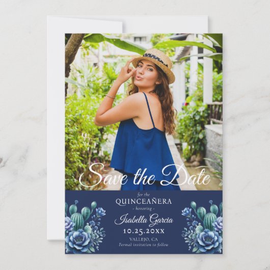 Blauw Mexicaanse Stijl Quinceañera Foto Save the d Aankondiging (Voorkant)
