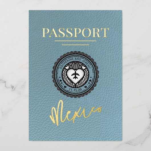 Blauw Mexico Passport bruiloft Folie Uitnodiging (Voorkant)