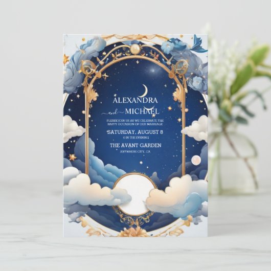 Blauw Mid Zomer Nacht Droom Hemelse Bruiloft Kaart (Staand voorkant)