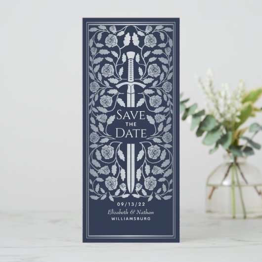 Blauw Middeleeuws Zilveren Zwaard Bewaar de Datum Save The Date (Staand voorkant)