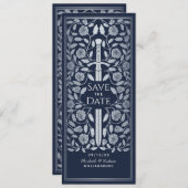 Blauw Middeleeuws Zilveren Zwaard Bewaar de Datum Save The Date (Voorkant / Achterkant)