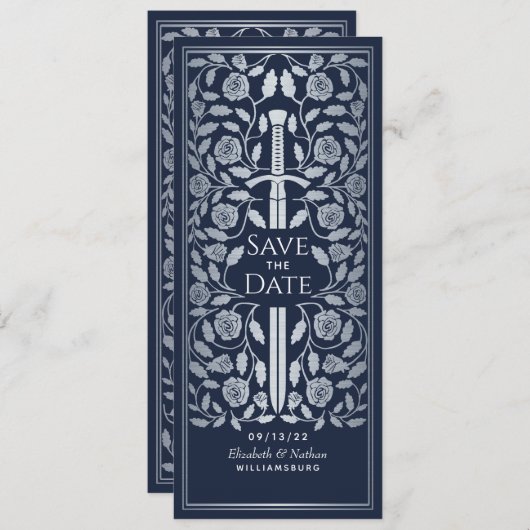 Blauw Middeleeuws Zilveren Zwaard Bewaar de Datum Save The Date (Voorkant / Achterkant)