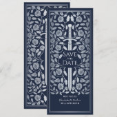 Blauw Middeleeuws Zilveren Zwaard Save the Date (Voorkant / Achterkant)