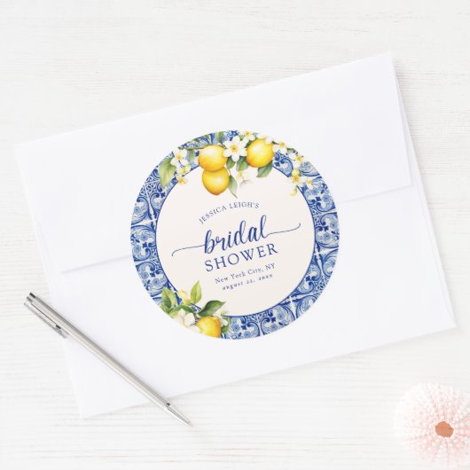 Blauw Middellandse Zee Citroenen Bruidsdouche Ronde Sticker (Envelop)
