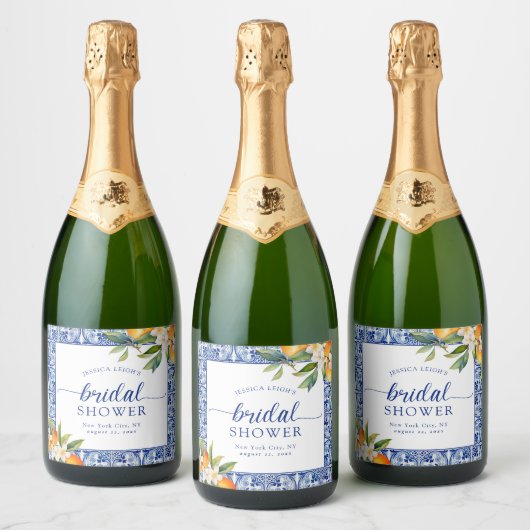 Blauw Middellandse Zee Sinaasappels Bruidsdouche Sparkling Wijnetiket (Flessen)