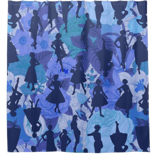 Blauw Midden-Eeuw 1950s silhouet vrouwen Douchegordijn (Voorkant)