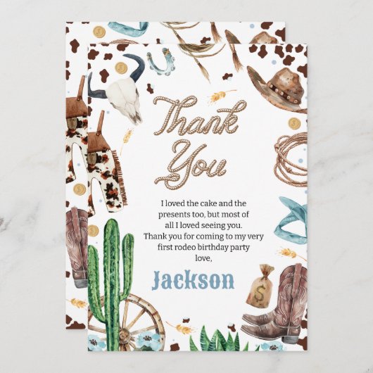 Blauw Mijn eerste Rodeo 1e Verjaardag Dank u Kaart (Voorkant / Achterkant)