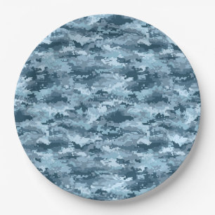 Blauw militair gepixelde camouflagepatroon papieren bordje